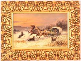 Olvashatatlan jelzéssel: Farkasok támadása. Olaj, fatábla, díszes keretben, 22×32 cm