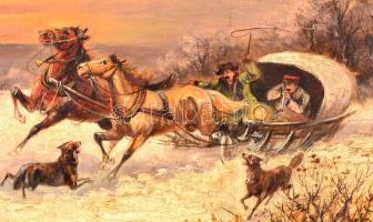 Olvashatatlan jelzéssel: Farkasok támadása. Olaj, fatábla, díszes keretben, 22×32 cm