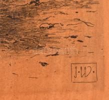 J.W. jelzéssel: Utcarészlet szökőkúttal. Rézkarc, karton, foltos, 21,5×14 cm