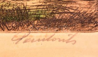 Paulovits Pál (1892-1975): Keresztútnál, színezett rézkarc, papír, jelzett, 25,5×35 cm