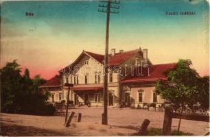 1916 Dés, Dej; Vasúti indóház, vasútállomás, lovaskocsik / Bahnhof / railway station, horse carts (EK)