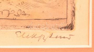 Elekfy Jenő (1895-1968): Hajóra rakodás. Színezett rézkarc, papír, jelzett, 20×29 cm