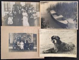 cca 1910-1940 Vegyes fotó tétel, 8db, fotó, fotó kartonon, valamint egy fotó művészfólián keresztül, köztük kutyaportréval, balatoni ladik fotójával, változó állapotban, 12x17 cm és 23x17 cm közötti méretben