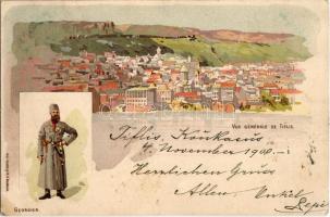 1900 Tbilisi, Tiflis; Vue generale / general view, Georgian man wearing chokha, traditional costume, folklore. Impr. Granbergs Kunstanstalt. Art Nouveau, floral, litho (EK)