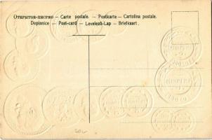 Russian set of coins and flag. Emb. golden and silver litho
