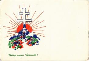 Boldog magyar újesztendőt! / Hungarian irredenta New Year greeting art postcard, Patriarchal cross s: Bozó (15,3 cm x 10,7 cm) (EK)