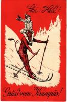 Ski-Heil! Gruss vom Krampus! / Krampus skiing with girl. C.H.W. VIII/2. 2508-4.