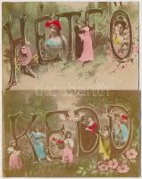 A hét napjai - 7 darabos teljes romantikus képeslapsorozat, jó állapotban 1906-ból / Days of the Week - complete, 7-part romantic postcard series in good condition from 1906. Oranotypie L.D.F.