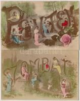 A hét napjai - 7 darabos teljes romantikus képeslapsorozat, jó állapotban 1906-ból / Days of the Wee...