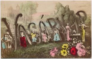 A hét napjai - 7 darabos teljes romantikus képeslapsorozat, jó állapotban 1906-ból / Days of the Wee...