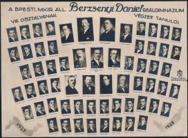 1928 Budapest, Berzsenyi Dániel Reálgimnázium tanárai és végzett növendékei, kistabló nevesített portrékkal, kasírozva, 16x22 cm