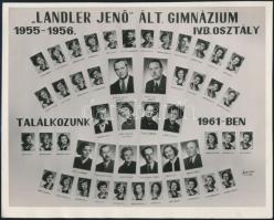 Fotó; 1956 Budapest, Landler Jenő Általános Gimnázium tanárai és végzett növendékei, kistabló nevesített portrékkal, 18x22 cm