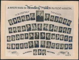 1928 Budapest, Br. Wesselény Miklós Fiú Felsőkereskedelmi Iskola tanárai és végzett növendékei, kistabló nevesített portrékkal, 16,5x22 cm, karton 18,5x24,5 cm