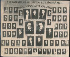 1922 Budapest, II. ker. Királyi Egyetemi Katholikus Főgimnázium tanárai és végzett növendékei, kistabló nevesített portrékkal, 17,5x21,3 cm