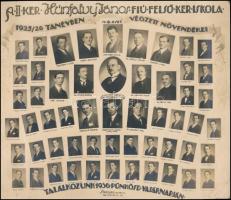 1926 Budapest, Hunfalvy János Fiú Felsőkereskedelmi Iskola tanárai és végzett növendékei, kistabló nevesített portrékkal, 16x19 cm