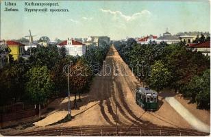 Liepaja, Liepoja, Libau; Kurgauzskiy prospekt / Kurhausprospect / Hospital avenue, street view with tram