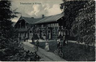 Ragana, Kremon; Schweizerhaus / chalet and restaurant, people with bicycles. Lenz & Rudolff. Knackstedt & Näther Lichtdruckerei (EK)
