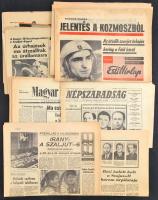 1949-1980 Vegyes újság tétel, 15 db, benne űrhajózással kapcsolatos hírekkel, valamint "Az első szovjet-magyar űrrepülés" c. kiadvánnyal, valamint 2 Népsporttal. Változó állapotban.