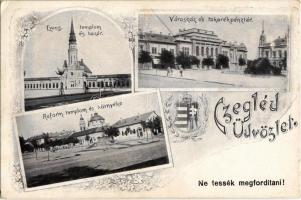 1905 Cegléd, Városháza, takarékpénztár, bazár, evangélikus és református templom. Címeres floral üdvözlőlap. Hátoldalon Schicht-féle mosó- és háztartási szappan reklám és megrendelőlap (EK)