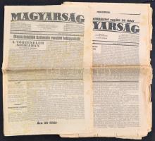 1938 Magyarság folyóirat 2 száma, 1938. május 8., 29. Benne a Pethő Sándor: A nemzeti szocializmus és a nyilas mozgalom, Hubay Kálmán: A történelem sodrában c. vezércikkekkel, valamint Szálasi rendőri felügyeletének megszüntetésének hírével. Változó állapotban, az egyik hiányos.