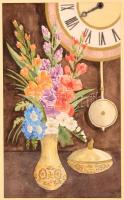 Szabó György (1927-2017): Virágcsendélet órával. Akvarell, papír, jelzés nélkül, üvegezett keretben, 39×23 cm