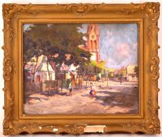 Rákosi Uitz János (1887-?):  Szent László-templom. (Béke tér). Olaj, vászon, jelzett, törött üvegeze...