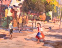 Rákosi Uitz János (1887-?):  Szent László-templom. (Béke tér). Olaj, vászon, jelzett, törött üvegeze...