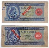 1946. 100Ft (2x) mindkettő korabeli hamis, előlapon piros HAMISÍTVÁNY felülbélyegzéssel T:III,III- /  Hungary 1946. 100 Forint (2x) both are contemporary fakes with COUNTERFEIT overprint C:F,VG