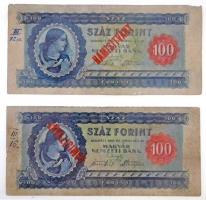 1946. 100Ft (2x) mindkettő korabeli hamis, előlapon piros "HAMISÍTVÁNY" felülbélyegzéssel T:III,III- /  Hungary 1946. 100 Forint (2x) both are contemporary fakes with "COUNTERFEIT" overprint C:F,VG