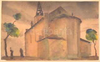Pohárnok Zoltán (1905-1976): Váci Evangélikus Templom hátulról. Akvarell, papír, jelzett, üvegezett keretben, 17×23,5 cm