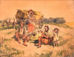 Kovács Antal (?-?): Cigány család. Akvarell-tus, foltos papír, jelzett, üvegezett keretben, 23×30 cm