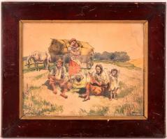 Kovács Antal (?-?): Cigány család. Akvarell-tus, foltos  papír, jelzett, üvegezett keretben, 23×30 c...