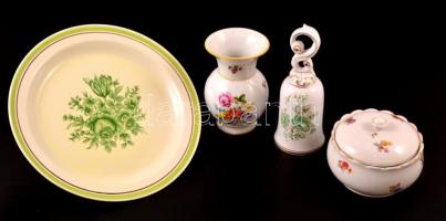 4 db Hollóházi porcelán tárgy: csengő, tál, jelzettek