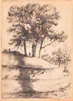 Komjáti-Wanyerka Gyula (1894-1958): Szobor a fák alatt. Rézkarc, papír, jelzett, üvegezett keretben, 38×27 cm