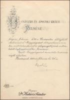 1918 Miniszteri osztálytanácsosi kinevezés Huszár Sándor kereskedelmi miniszter aláírásával