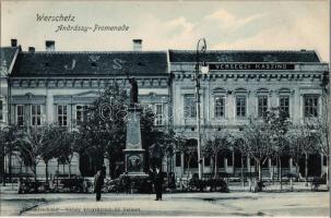 Versec, Vrsac, Werschetz; Andrássy sétány, Verseczi Kaszinó, J.S. monogramm a tetőcserepekben, Honvéd emlékszobor / promenade, casino, military monument, monograms in the roof tiles