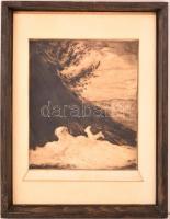 Magyar Mannheimer Gusztáv (1859-1937): Fekvő női akt. Rézkarc, papír, jelzett, üvegezett keretben, 2...