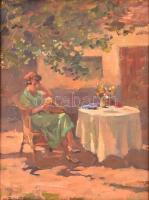 Csallóközi Farkas Lőrinc (1898-1966): Olvasó nő az asztalnál. Olaj, karton, jelzett, keretben, 39×29 cm