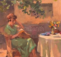 Csallóközi Farkas Lőrinc (1898-1966): Olvasó nő az asztalnál. Olaj, karton, jelzett, keretben, 39×29...
