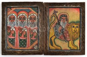 Etióp fa ikon, Kézzel festett, két részes, 14x18 cm 2x