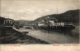 Orsova, MFTR hajóállomás, Erzsébet királyné gőz. kerekes személyhajó / port view with Hungarian steamer