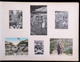 cca 1900 Womans life in Japan- A nők Japánban. Kb 100 képet, képeslapot, nyomtaot tartalmazó album. Sérült gerinccel Folio 42x31 cm