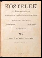 1924 Köztelek. Köz- és Mezőgazdasági Lap. Az Országos Magyar Gazdasági Egyesület Hivatalos Közlönye. Szerk.: Buday Barna, Rothmeyer Imre. 1924. XXXIV. évf.1-50. sz. 1924. január 1-junius 30-ig, fél évfolyam. Bp., 1924, Pátria, 632 p. Későbbi félvászon-kötés, kopott, foltos borítóval.