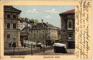 1912 Selmecbánya, Schemnitz, Banská Stiavnica; Kossuth tér, utcai árus bódék, Singer Miksa szeszes italok raktára, üzlet. Grohmann kiadása / square, stalls of street vendors, alcoholic beverage warehouse, shop