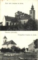 Csót, Római katolikus templom és iskola, Evangélikus templom és iskola, libák + 1915 Csót Fogolytábor bélyegző (EK)