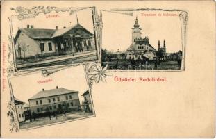 Podolin, Podolínec (Szepes, Zips); vasútállomás, Városháza, Templom és kolostor. Odechnalowics Antal kiadása / Bahnhof / railway station, church and cloister, town hall. floral, Art Nouveau (EK)