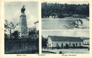 1936 Diósjenő, Hősök szobra, emlékmű, Strandfürdő, evezős csónak, fürdőzők, Hangya Szövetkezet üzlete