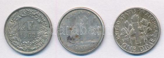 Vegyes: Svájc 1962. 1/2Fr Ag + Kanada 1960. 10c Ag + Amerikai Egyesült Államok 1964. 1d Ag "Roo...