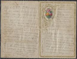 1880 Galatz, Dombornyomott virágmintás levélpapírra írt kézírásos levél, kartonlapon