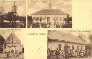 Levelek, Görögkatolikus templom, Római és Görögkatolikus iskola, Római katolikus templom, Hangya Fogyasztási Szövetkezet üzlete. Szilágyi Arthur műterméből (EK)